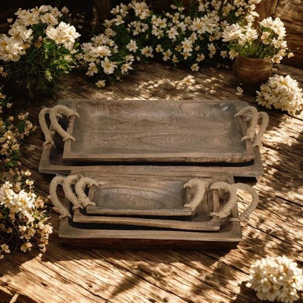 Set Assorted Rectangular Wooden Serving Trays & Bowls