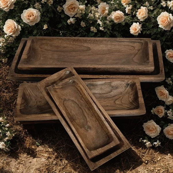 Set Assorted Rectangular Wooden Serving Trays & Bowls