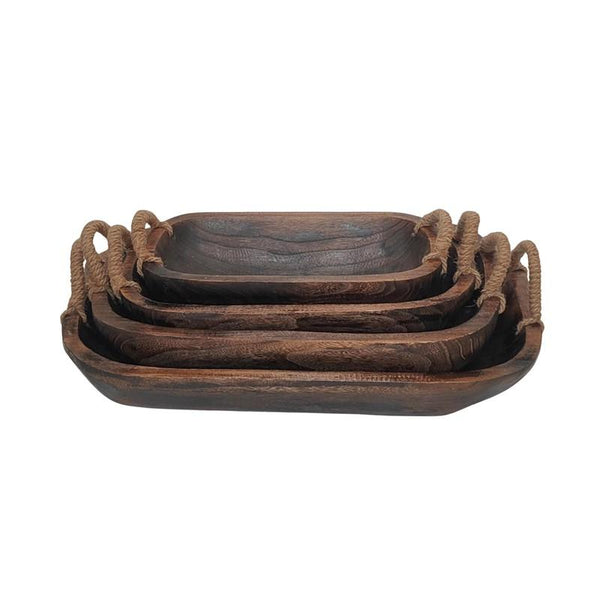 Set of 4 Assorted Rectangular Wooden Serving Trays Bowls