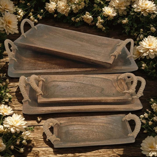 Set Assorted Rectangular Wooden Serving Trays & Bowls