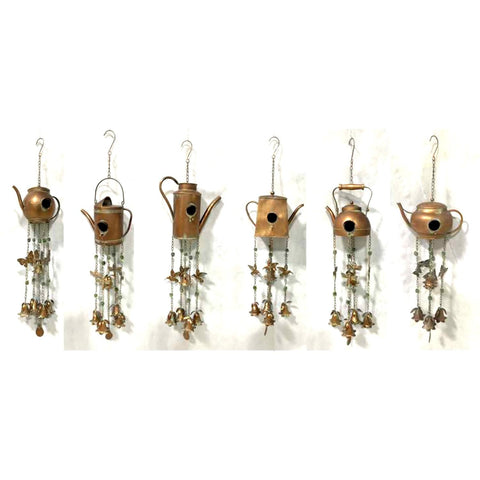 Set of 6 Assorted Style Hanging Iron Teapot Birdhouse Wind Chimes "Darjeeling"