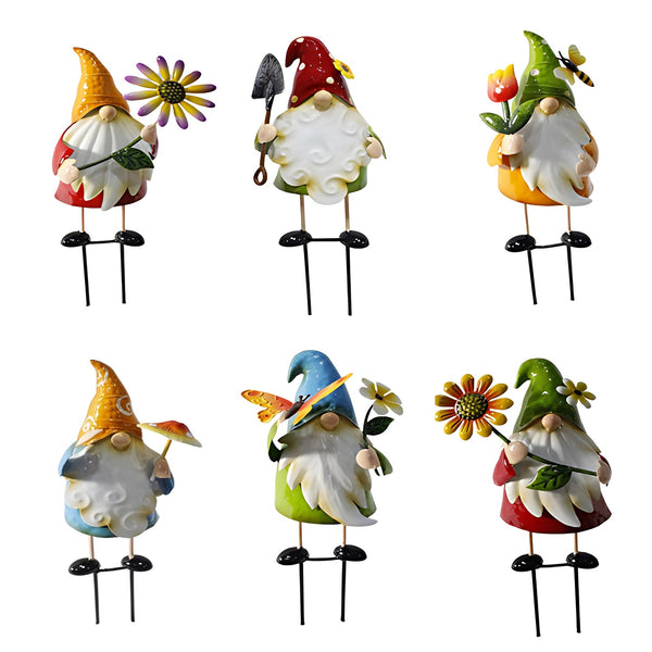 Set of 6 Assorted Colorful Gnome Pot Stakes "The Gnomads"