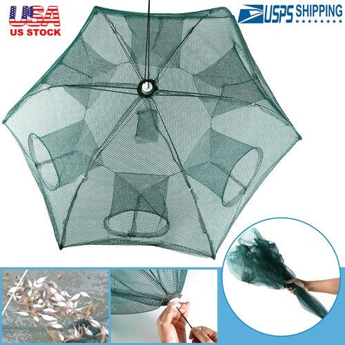 Fishing Trap Mesh Net Portable Bait Trap Shrimp Minnow Crab Crayfish 6 Sides Trap