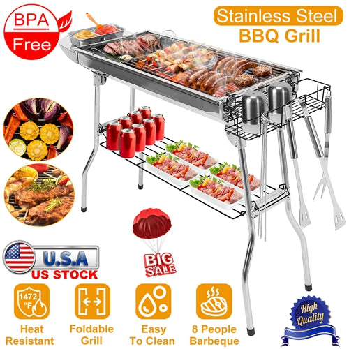 Foldable BBQ Grill Portable Charcoal Barbeque Stainless Steel