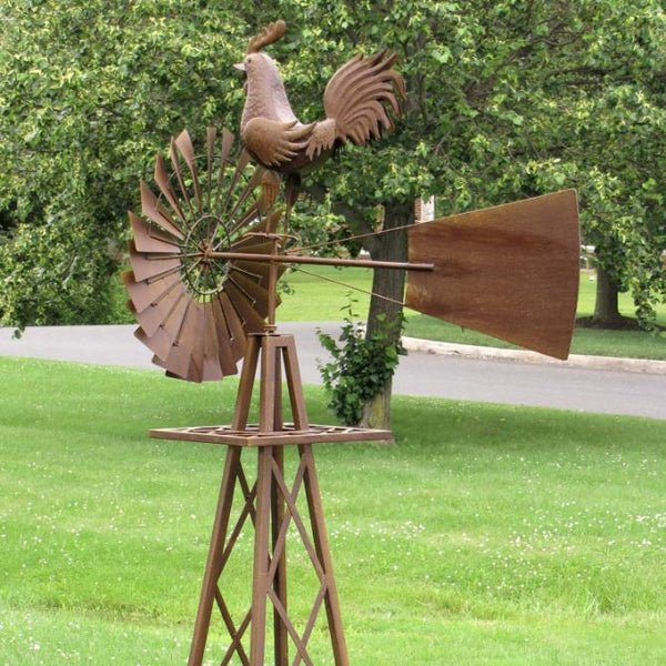 8ft. Tall Large Iron Windmill Stand with Rooster "Oscar"