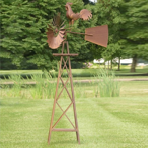 8ft. Tall Large Iron Windmill Stand with Rooster "Oscar"