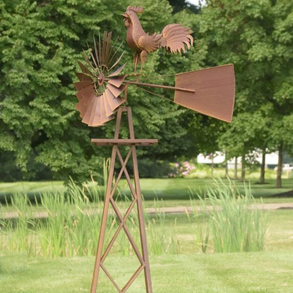 8ft. Tall Large Iron Windmill Stand with Rooster "Oscar"