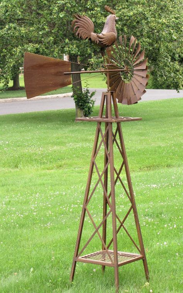 8ft. Tall Large Iron Windmill Stand with Rooster "Oscar"