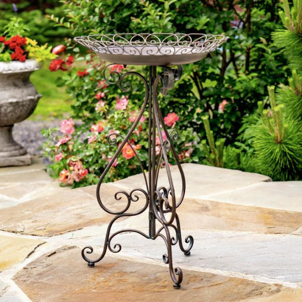 28" Tall Round Iron Birdbath with Folding Stand in Anique Bronze "Stephania"