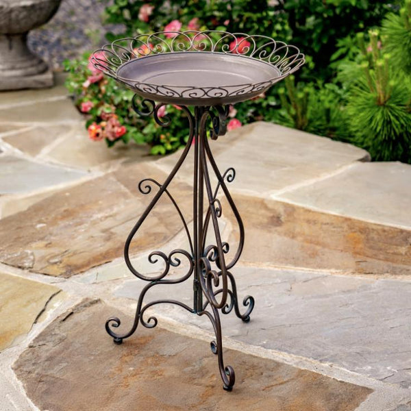 28" Tall Round Iron Birdbath with Folding Stand in Anique Bronze "Stephania"