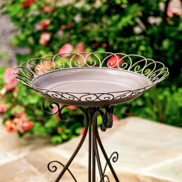 28" Tall Round Iron Birdbath with Folding Stand in Anique Bronze "Stephania"