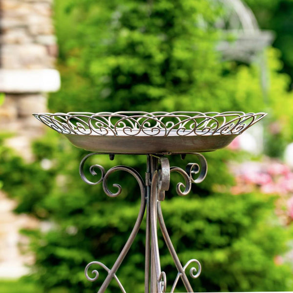 28" Tall Round Iron Birdbath with Folding Stand in Anique Bronze "Stephania"