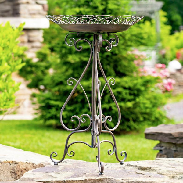 28" Tall Round Iron Birdbath with Folding Stand in Anique Bronze "Stephania"