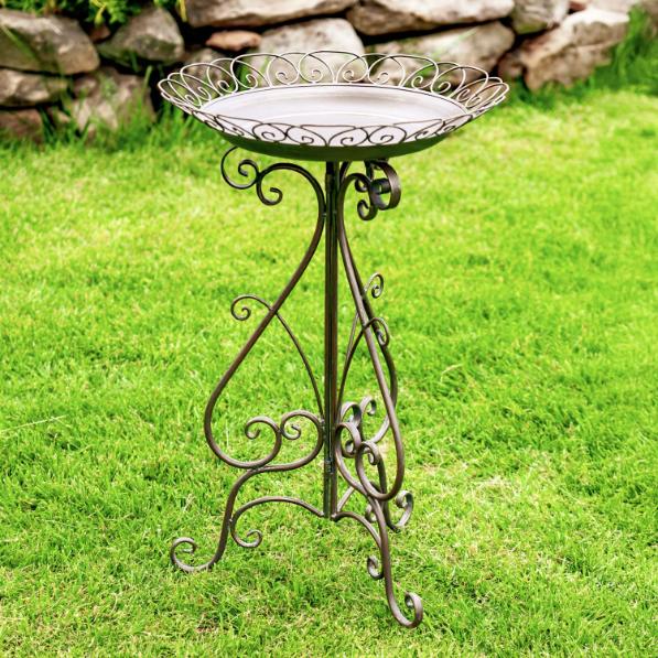 28" Tall Round Iron Birdbath with Folding Stand in Anique Bronze "Stephania"