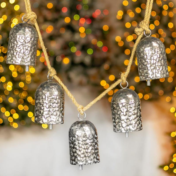 Set of 4 Hanging Five-Piece Metal Bell Decorations in Antique Silver