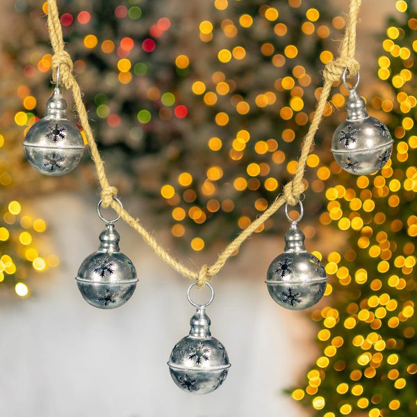Set of 4 Hanging Five-Piece Metal Bell Decorations in Antique Silver