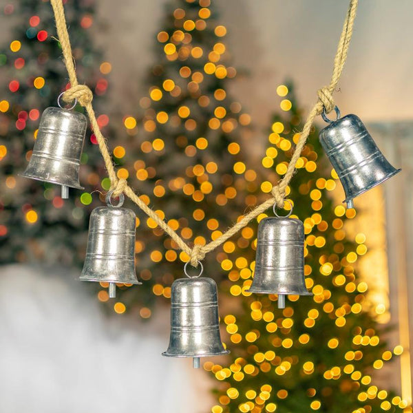 Set of 4 Hanging Five-Piece Metal Bell Decorations in Antique Silver