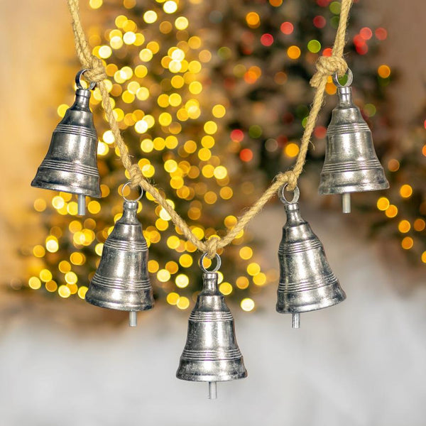 Set of 4 Hanging Five-Piece Metal Bell Decorations in Antique Silver