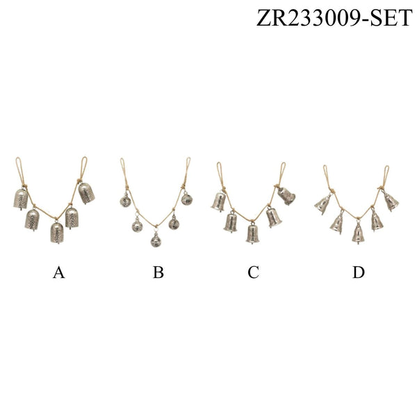 Set of 4 Hanging Five-Piece Metal Bell Decorations in Antique Silver