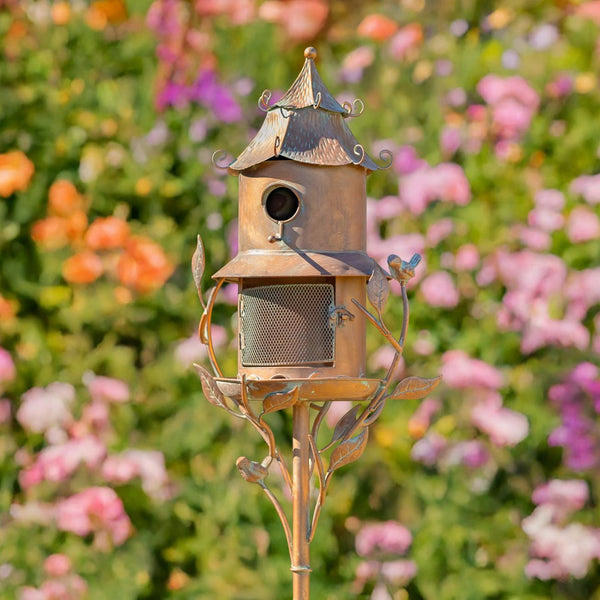 Metal Birdhouse & Feeder on Ground Stake "Haven"