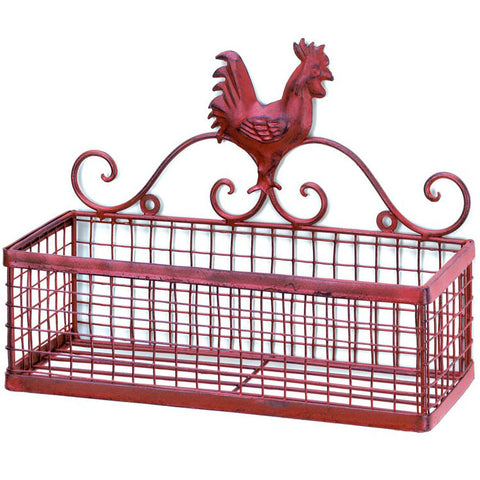 Single Basket Red Rooster Iron Wall Rack | Rectangle Wire Basket