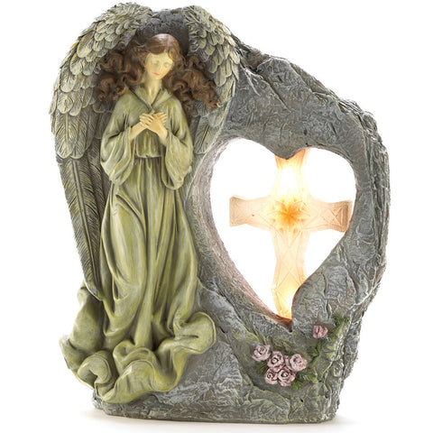 Angel with Cross Stone-Look Solar Garden Light Christian Decoration