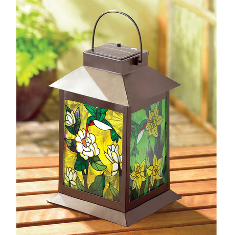 Solar Garden Lantern Floral Hummingbird Style | Stained Glass Look