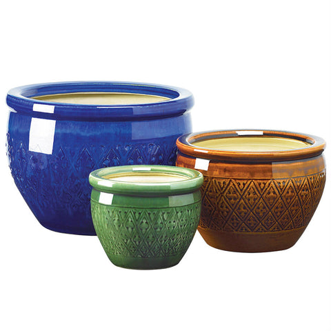 Embossed Jewel Tone Ceramic Planter Pot Set | 3 Sizes Included