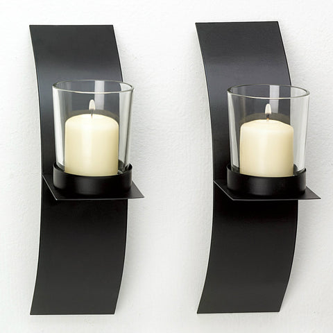 Modern Matte Black Wall Candle Holder Pair | Curved Metal Sconces