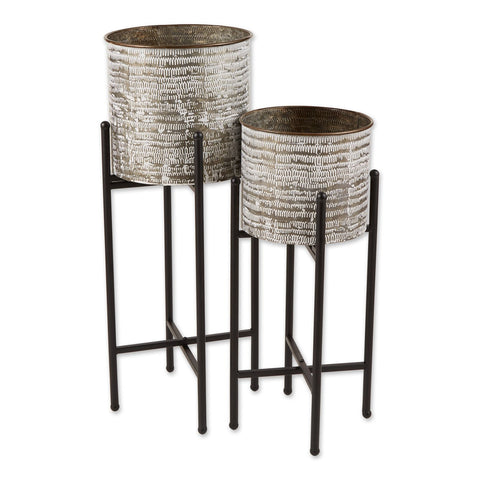 Galvanized Sheet Metal Rustic Plant Stand Pair Set | Whitewashed Buckets