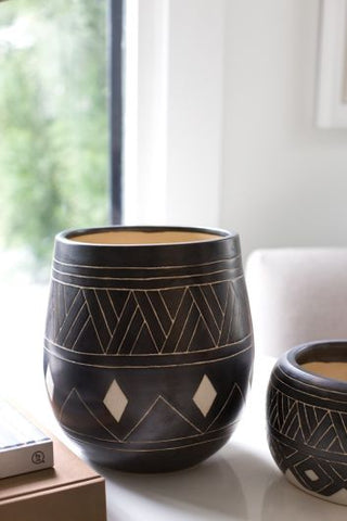 Manning Plant Pot Collection Small Ethnic Carved Pattern Black Ceramic