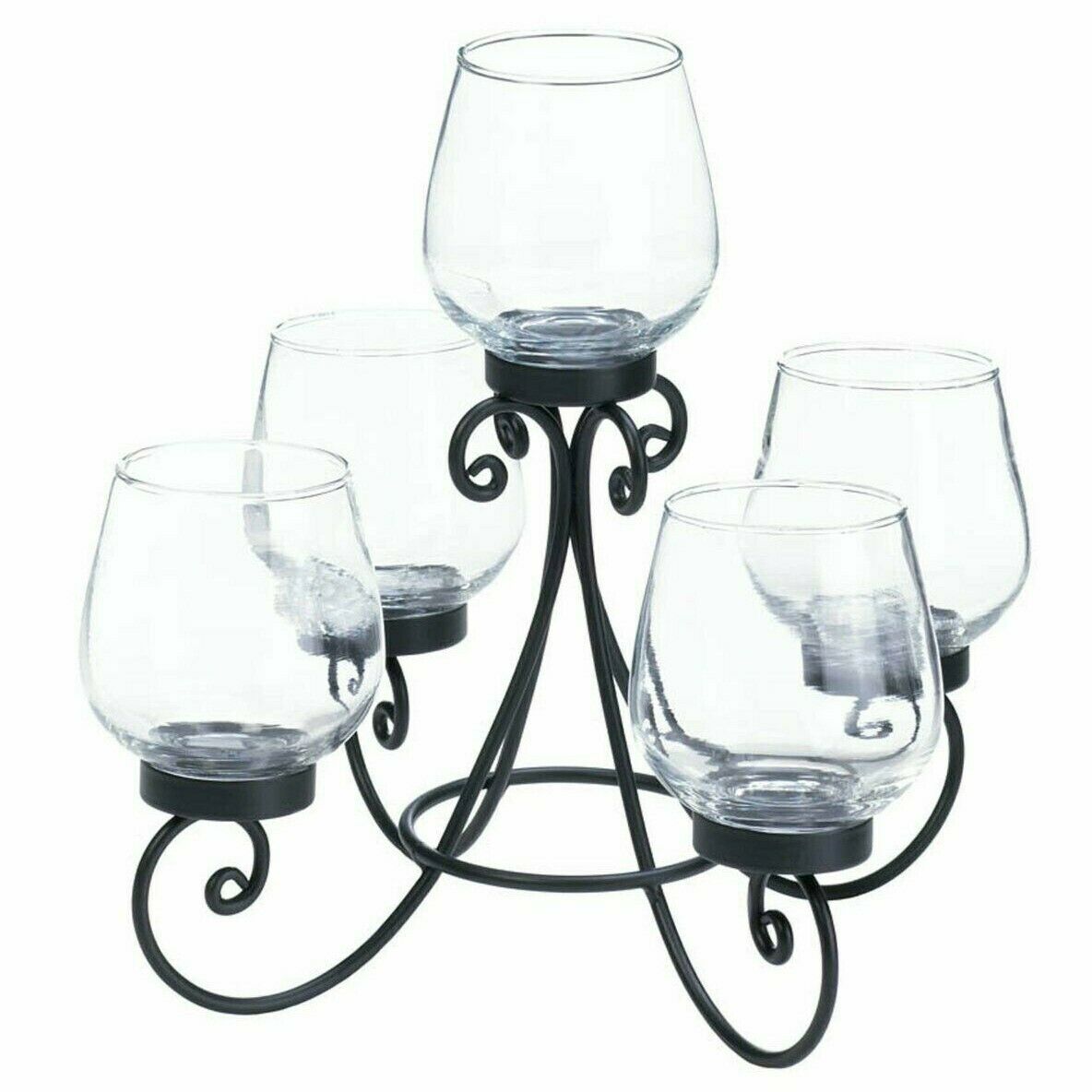 5 Candle Black Iron Centerpiece Elegant Scrolls Glass Cups YardEpic