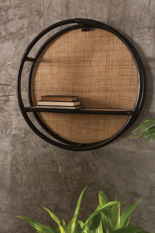 Stokes Round Wall Shelf in Metal and Natural Fiber Canvas One Shelf