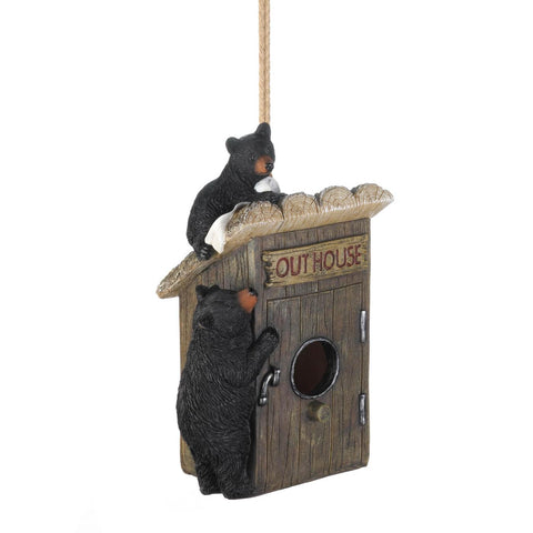 Outhouse Bird House with Black Bears | Hanging Rope Included