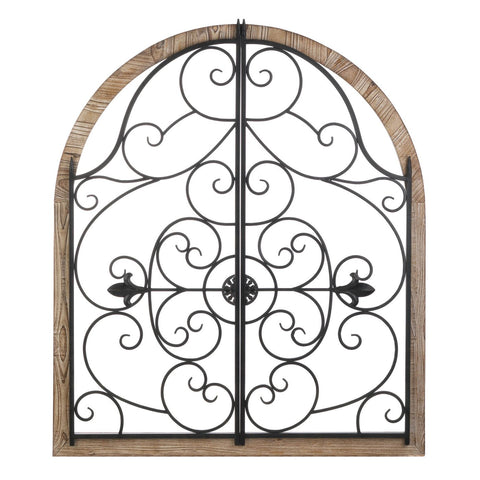 Wall Decor | Arched Wood and Metal Scrolls Iron Swirls