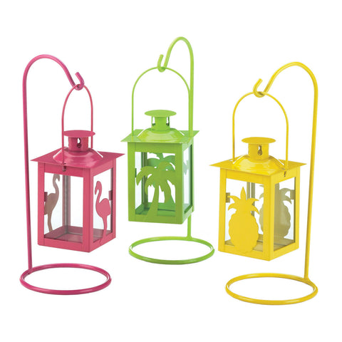 Set of 3 Tropical Style Metal Mini Hanging Candle Lanterns on Stands