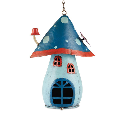 Whimsical Mushroom Birdhouse Cottage House | Red Blue Green Metal