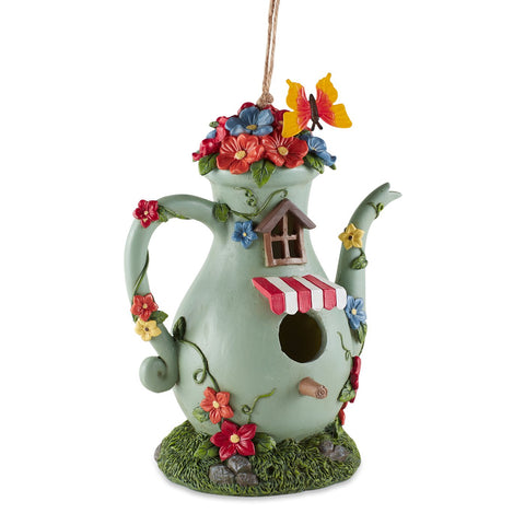 Fanciful Tall Teapot Birdhouse | Red White Decorative Hanging