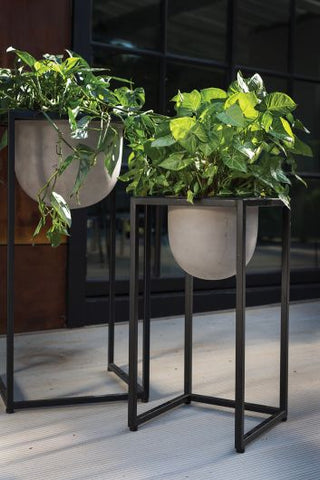 Ingram Outdoor Metal Plant Stands Table with Concrete Bowl Pots in Two Sizes