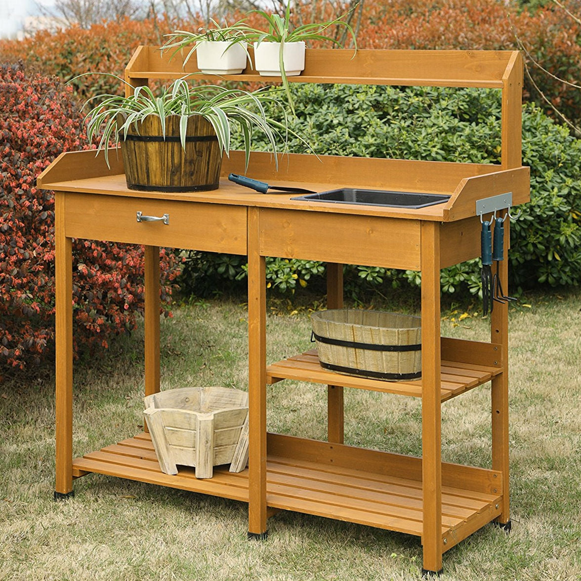 Wooden Potting Bench Work Table-sink Light Oak Finish – YardEpic