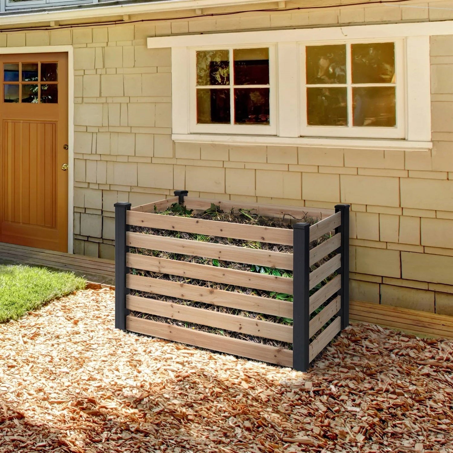 Compost Wood Box 120 Gallon Outdoor Cedar Wooden Compost Bin in Natural Black Wood Fini ...