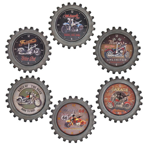 Set of 6 Vintage Style Motorcycle Gear-Shaped Iron Wall Clocks