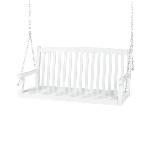 White Acacia Wooden Curved Back Hanging Porch Swing Bench with Mountin ...