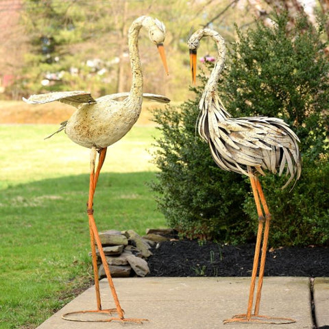 Set of 2 Large Rustic Dancing Herons or Whooping Cranes Standing Bird Figurines