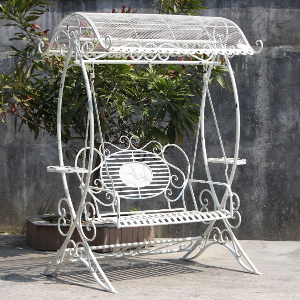 Metal Garden Swing Bench in Antique White Finish Freestanding Mesh Roo ...