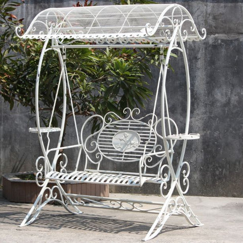 Metal Garden Swing Bench in Antique White Finish Freestanding Mesh Roof Shade
