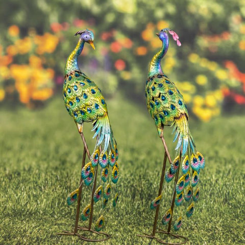 Tall Blue and Green Colorful Metal Peacock Figurines | Set of 2 40"