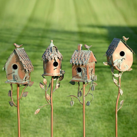 Country Style Metal Birdhouse Stakes Stands Cottage Houses