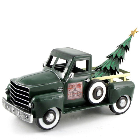 Small Iron Pickup Trucks with Christmas Trees