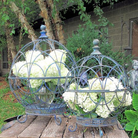 Set of 2 Iron Globe Round Flower Plant Stands Antique Finish